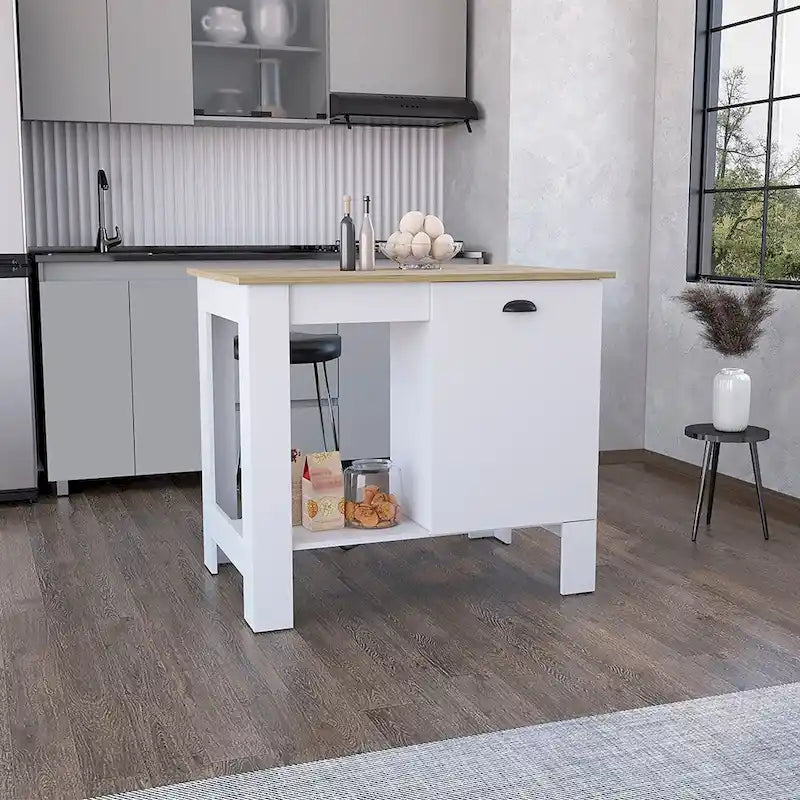 White Finish Kitchen Island with Single Drawer and Open Bottom Shelf