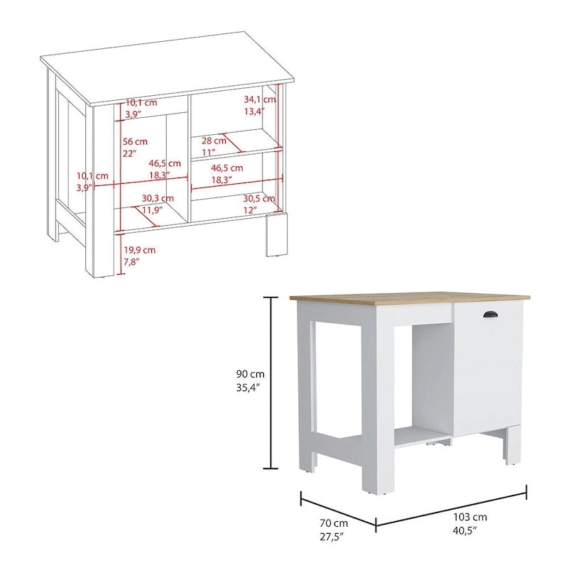 White Finish Kitchen Island with Single Drawer and Open Bottom Shelf
