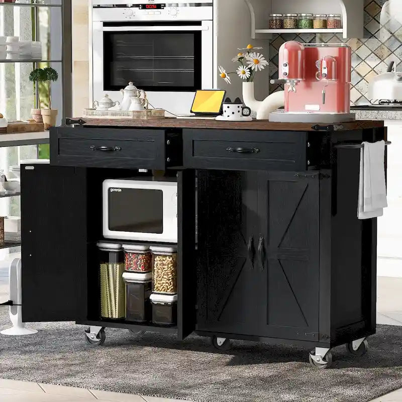 Black Rolling Kitchen Island Cart with Drop Leaf and Power Outlet