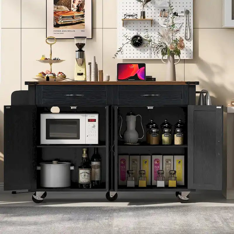 Black Rolling Kitchen Island Cart with Drop Leaf and Power Outlet