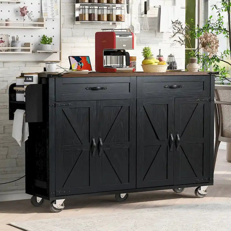 Black Rolling Kitchen Island Cart with Drop Leaf and Power Outlet