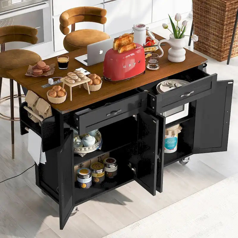 Black Rolling Kitchen Island Cart with Drop Leaf and Power Outlet