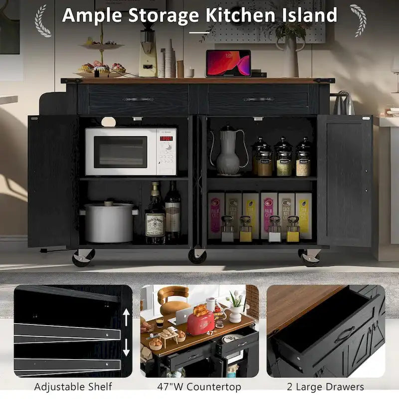 Black Rolling Kitchen Island Cart with Drop Leaf and Power Outlet