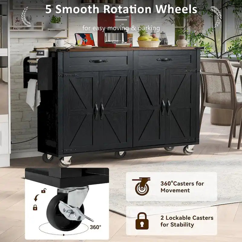 Black Rolling Kitchen Island Cart with Drop Leaf and Power Outlet