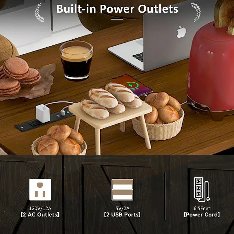 Black Rolling Kitchen Island Cart with Drop Leaf and Power Outlet