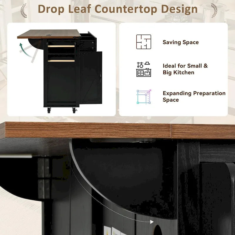 Black Rolling Kitchen Island Cart with Drop Leaf and Power Outlet