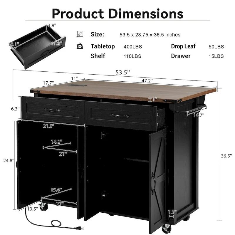 Black Rolling Kitchen Island Cart with Drop Leaf and Power Outlet