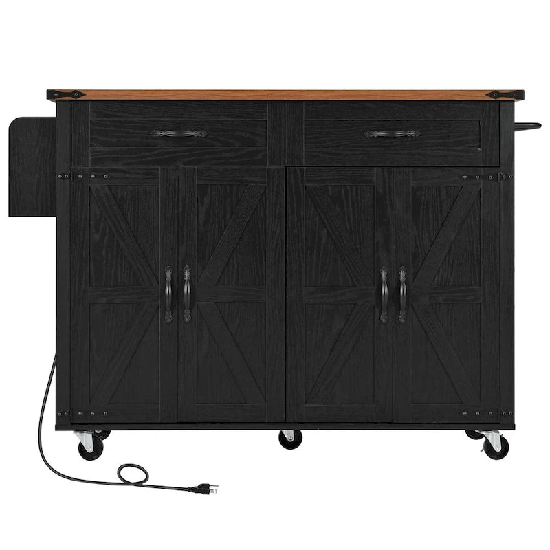 Black Rolling Kitchen Island Cart with Drop Leaf and Power Outlet