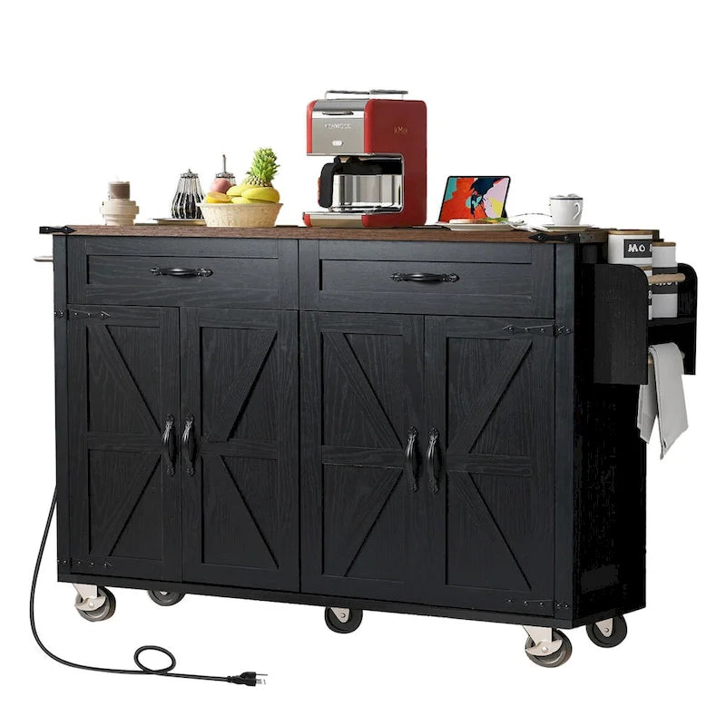 Black Rolling Kitchen Island Cart with Drop Leaf and Power Outlet