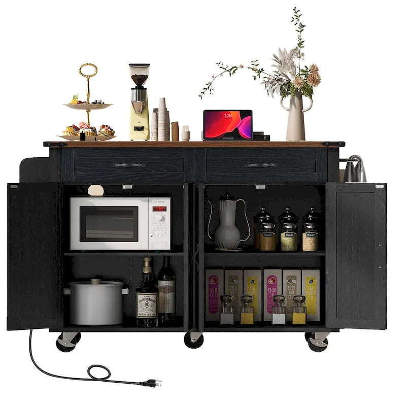 Black Rolling Kitchen Island Cart with Drop Leaf and Power Outlet