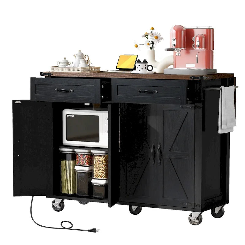 Black Rolling Kitchen Island Cart with Drop Leaf and Power Outlet