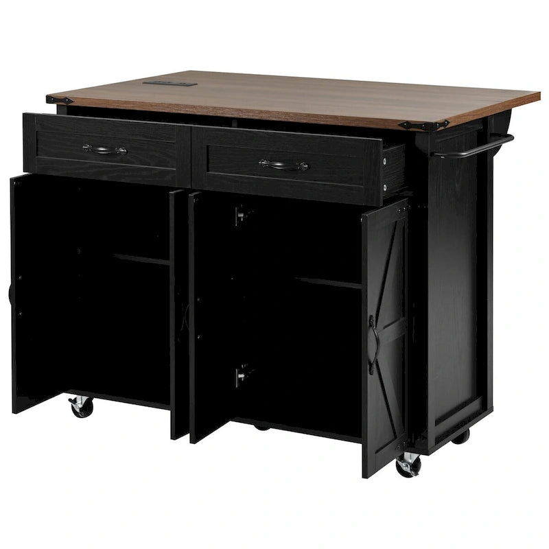 Black Rolling Kitchen Island Cart with Drop Leaf and Power Outlet