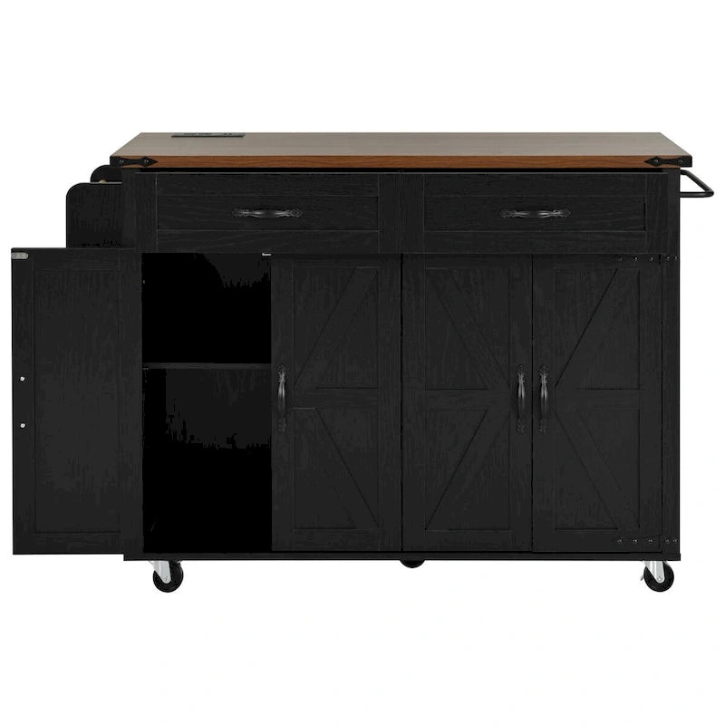 Black Rolling Kitchen Island Cart with Drop Leaf and Power Outlet