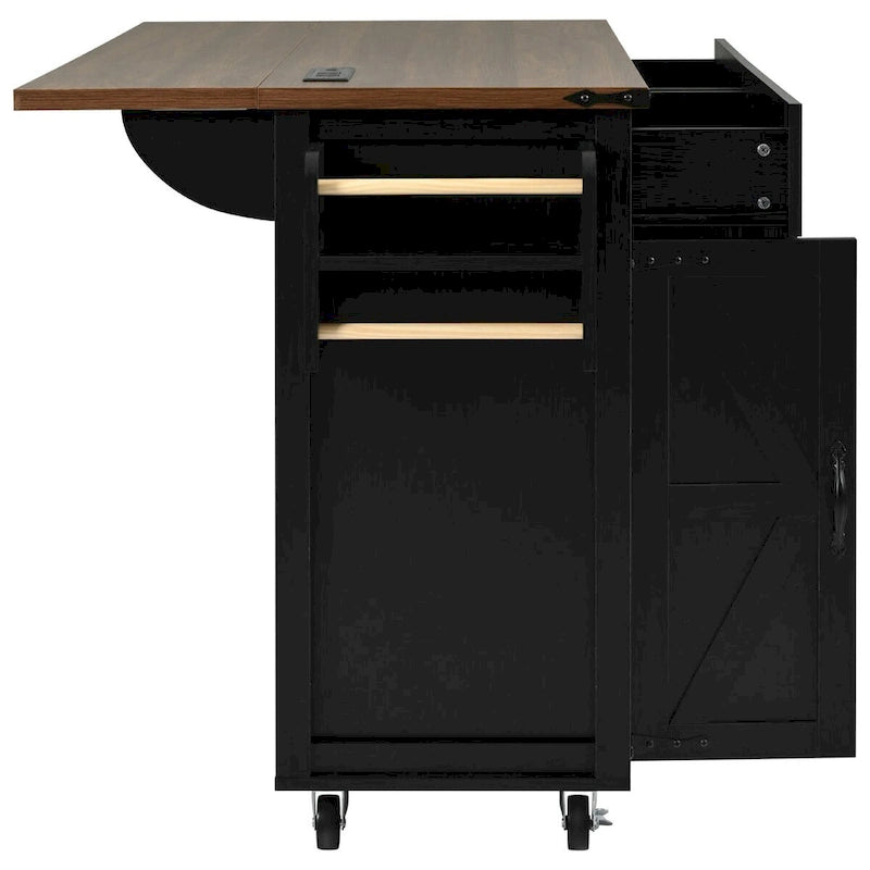 Black Rolling Kitchen Island Cart with Drop Leaf and Power Outlet