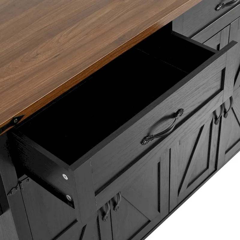Black Rolling Kitchen Island Cart with Drop Leaf and Power Outlet