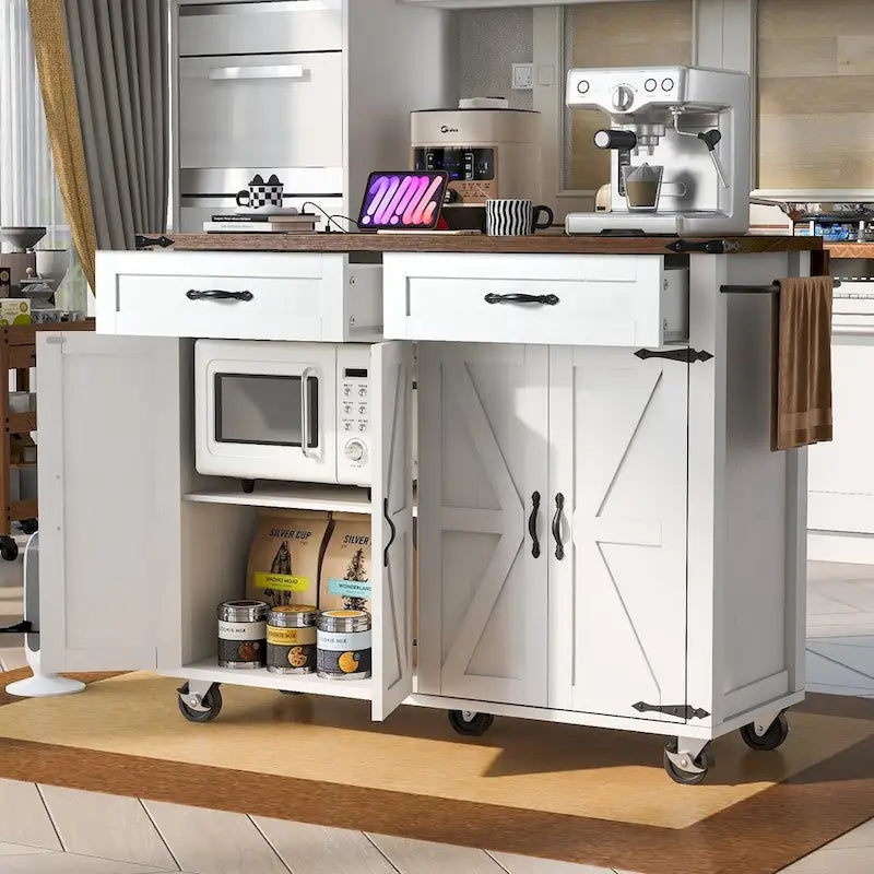 Black Rolling Kitchen Island Cart with Drop Leaf and Power Outlet