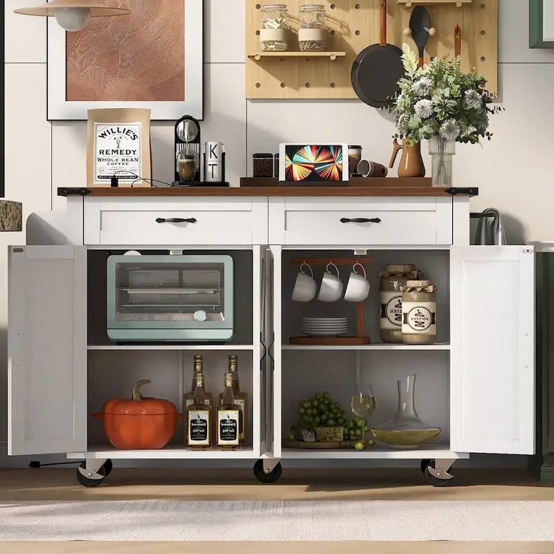 Black Rolling Kitchen Island Cart with Drop Leaf and Power Outlet