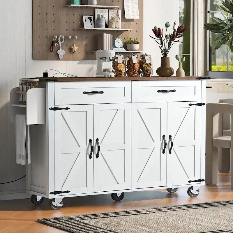 Black Rolling Kitchen Island Cart with Drop Leaf and Power Outlet