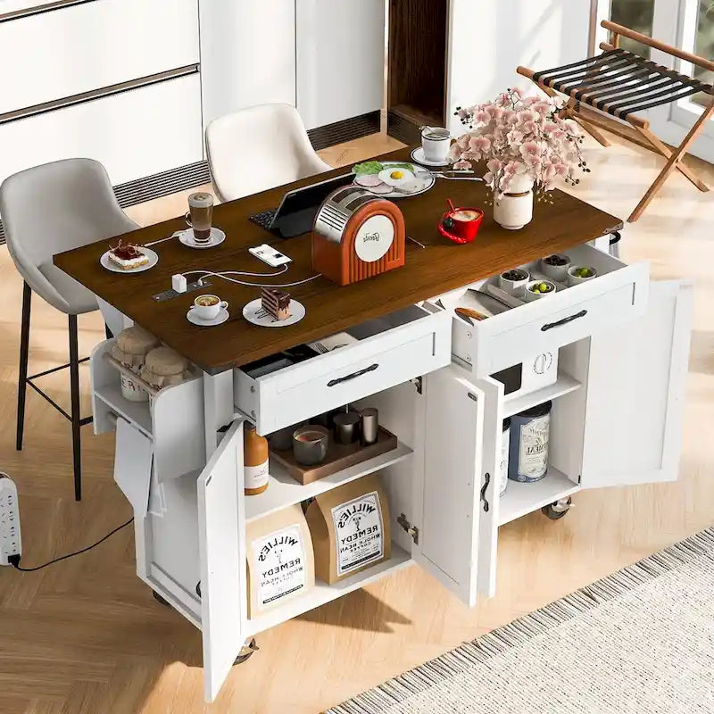 Black Rolling Kitchen Island Cart with Drop Leaf and Power Outlet