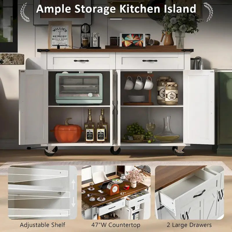 Black Rolling Kitchen Island Cart with Drop Leaf and Power Outlet