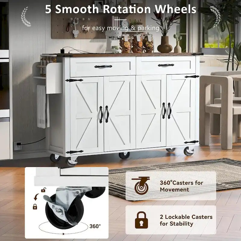 Black Rolling Kitchen Island Cart with Drop Leaf and Power Outlet