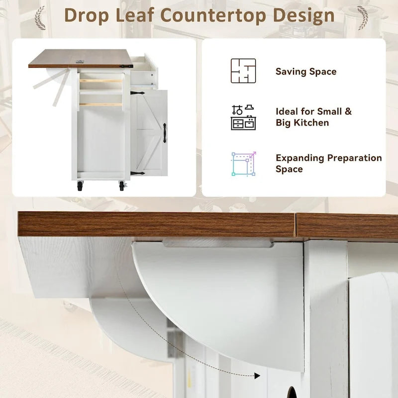 Black Rolling Kitchen Island Cart with Drop Leaf and Power Outlet