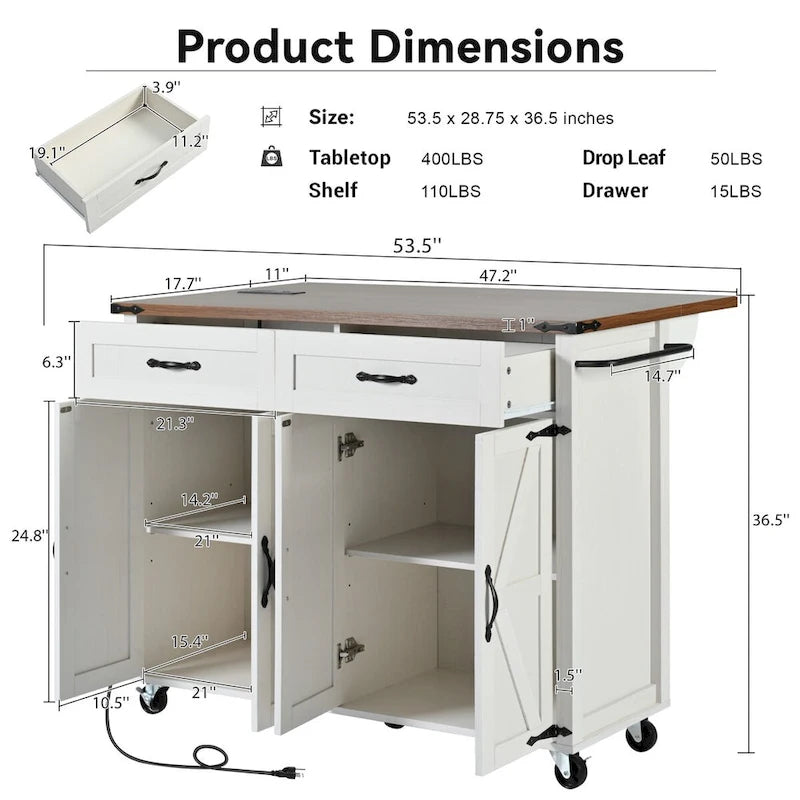 Black Rolling Kitchen Island Cart with Drop Leaf and Power Outlet
