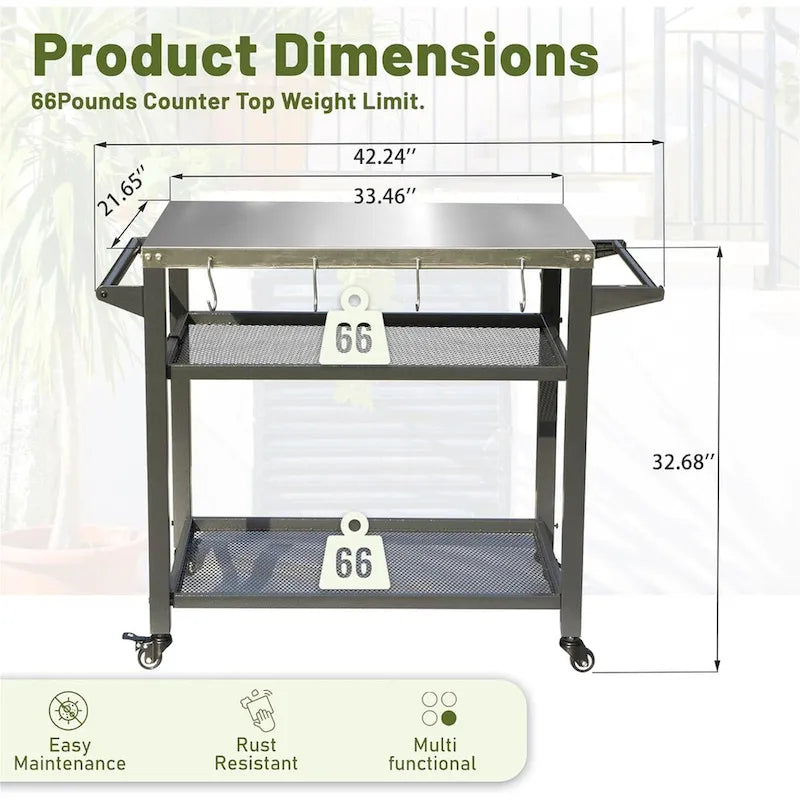 Outdoor Grill Cart with Stainless Steel Tabletop, 3-Shelf Rolling BBQ Prep Table with Tool Hooks, Grey