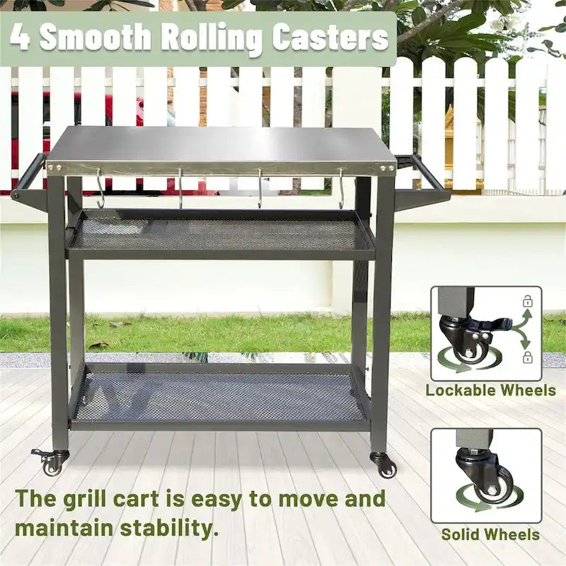 Outdoor Grill Cart with Stainless Steel Tabletop, 3-Shelf Rolling BBQ Prep Table with Tool Hooks, Grey