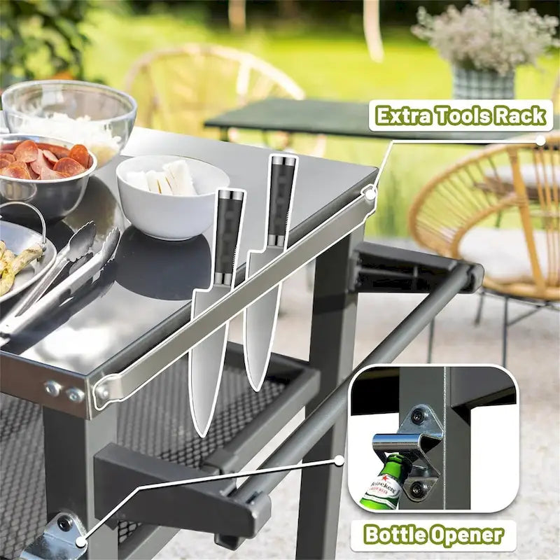 Outdoor Grill Cart with Stainless Steel Tabletop, 3-Shelf Rolling BBQ Prep Table with Tool Hooks, Grey