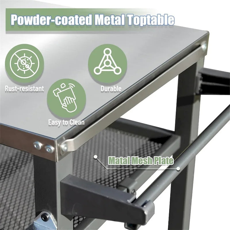 Outdoor Grill Cart with Stainless Steel Tabletop, 3-Shelf Rolling BBQ Prep Table with Tool Hooks, Grey