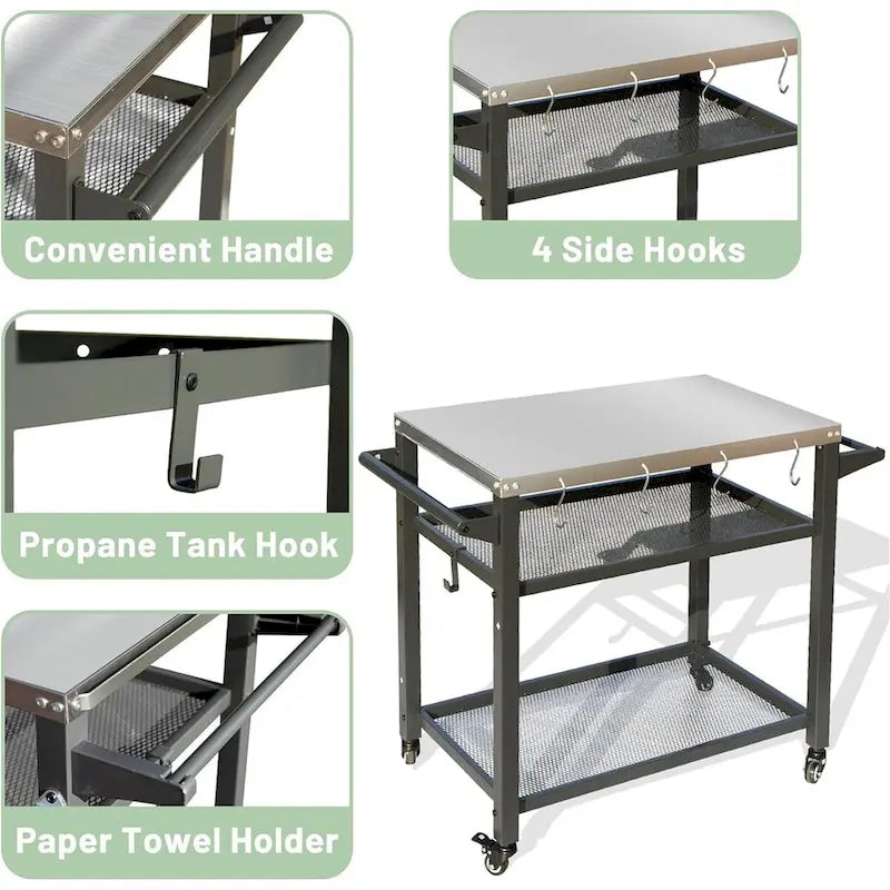 Outdoor Grill Cart with Stainless Steel Tabletop, 3-Shelf Rolling BBQ Prep Table with Tool Hooks, Grey