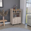 Rolling Beige Bar Cart with Open Shelves Cubbies and Cabinet