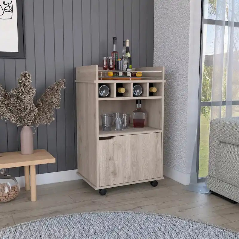 Rolling Beige Bar Cart with Open Shelves Cubbies and Cabinet