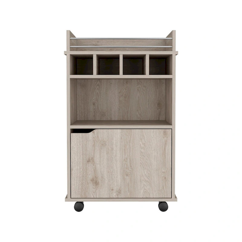 Rolling Beige Bar Cart with Open Shelves Cubbies and Cabinet