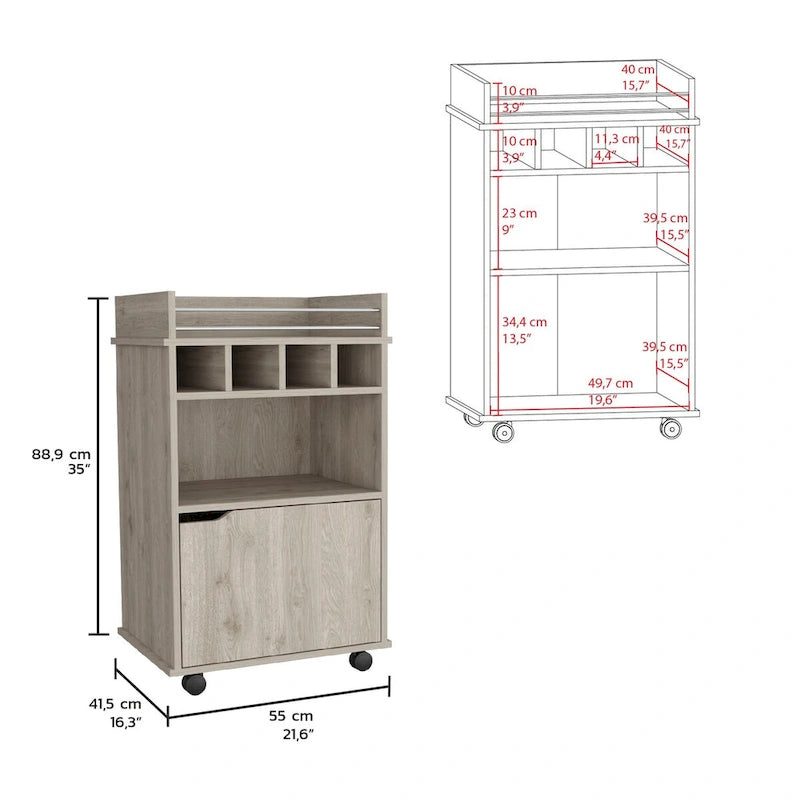 Rolling Beige Bar Cart with Open Shelves Cubbies and Cabinet