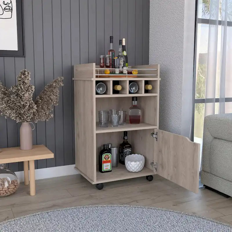 Rolling Beige Bar Cart with Open Shelves Cubbies and Cabinet