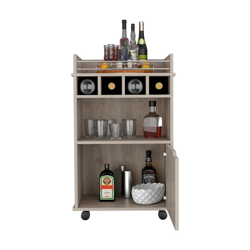 Rolling Beige Bar Cart with Open Shelves Cubbies and Cabinet