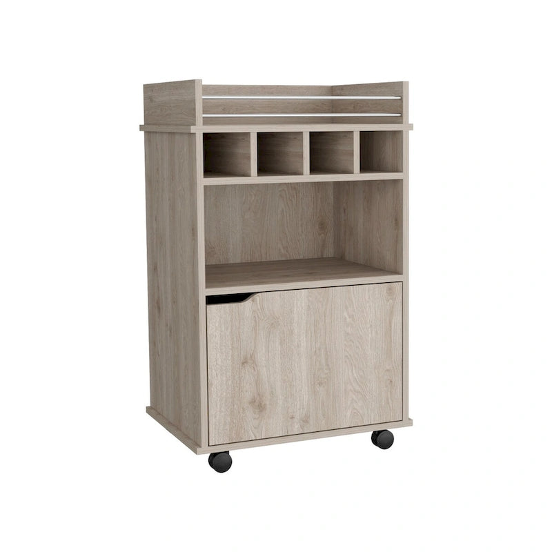 Rolling Beige Bar Cart with Open Shelves Cubbies and Cabinet