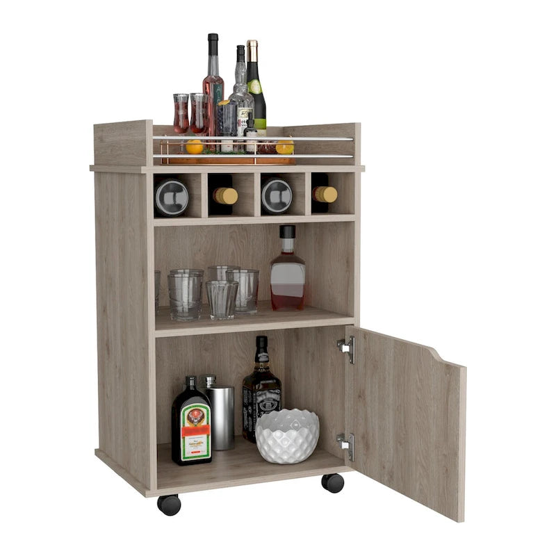 Rolling Beige Bar Cart with Open Shelves Cubbies and Cabinet