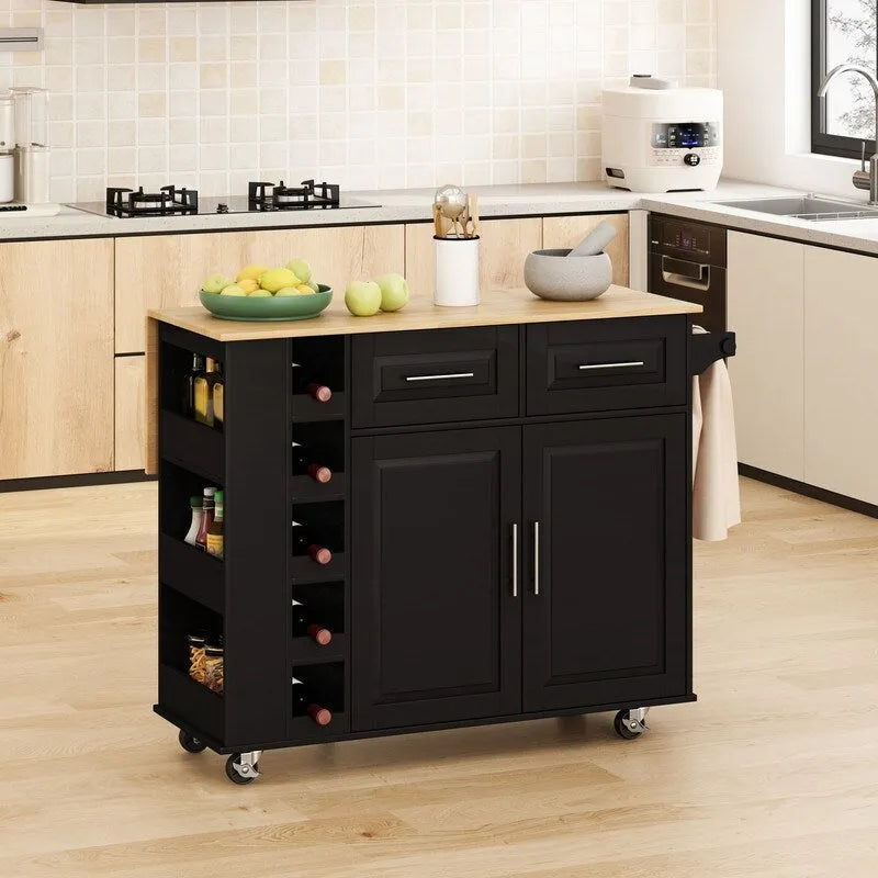 Rolling Kitchen Island Cart with Spice Rack Wine Rack Drawers and Rubberwood Top