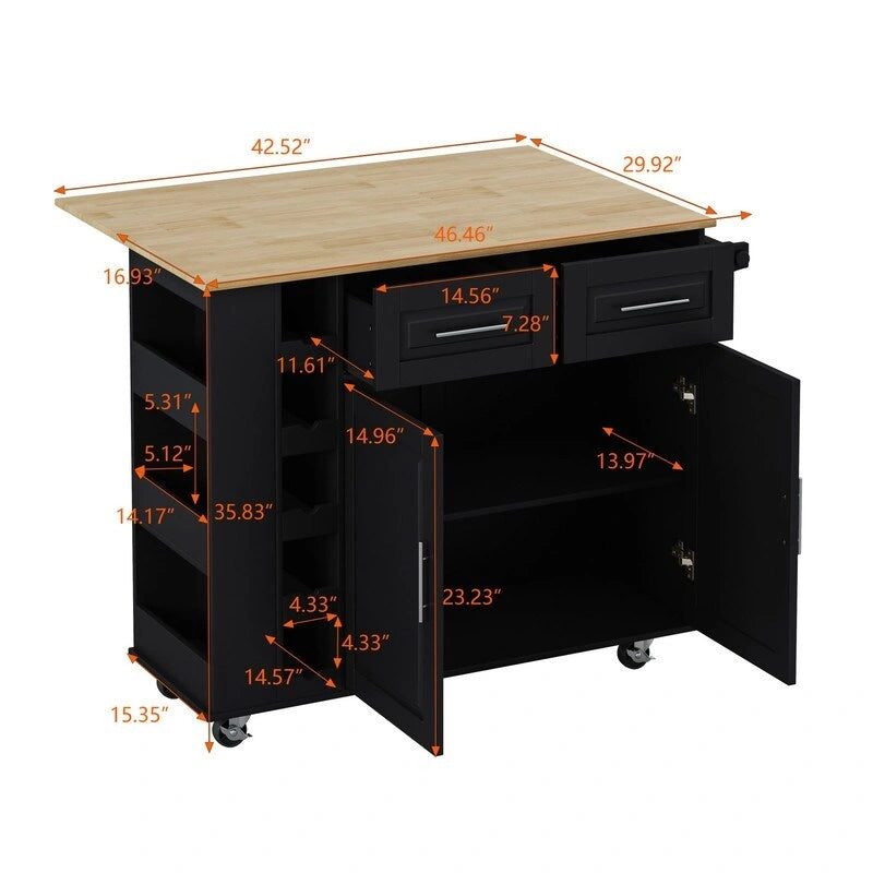 Rolling Kitchen Island Cart with Spice Rack Wine Rack Drawers and Rubberwood Top