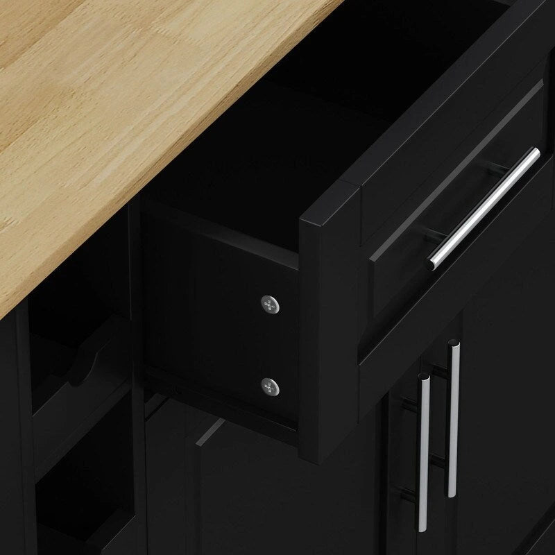 Rolling Kitchen Island Cart with Spice Rack Wine Rack Drawers and Rubberwood Top