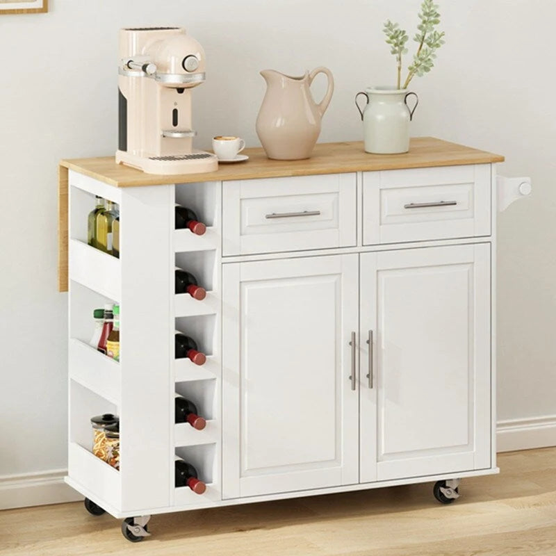 Rolling Kitchen Island Cart with Spice Rack Wine Rack Drawers and Rubberwood Top
