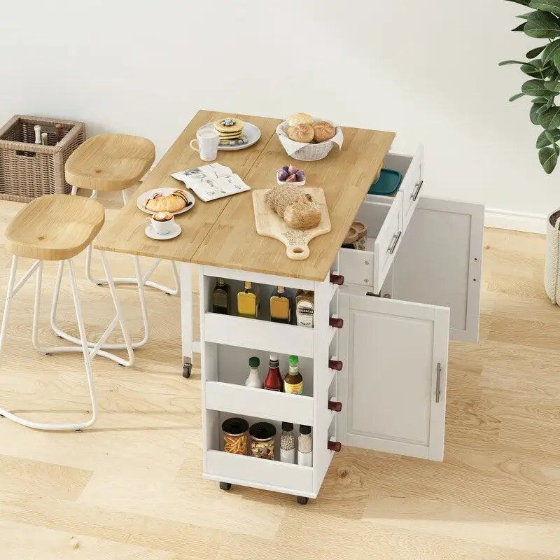 Rolling Kitchen Island Cart with Spice Rack Wine Rack Drawers and Rubberwood Top