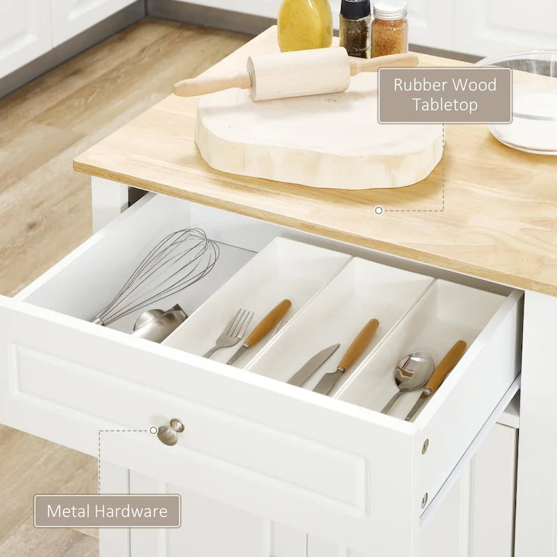 Compact Rolling Kitchen Island Cart with Drawer Cabinet Towel Racks Cream White