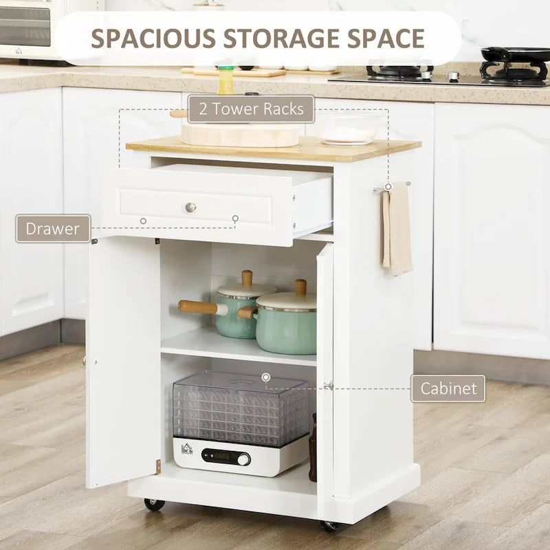 Compact Rolling Kitchen Island Cart with Drawer Cabinet Towel Racks Cream White