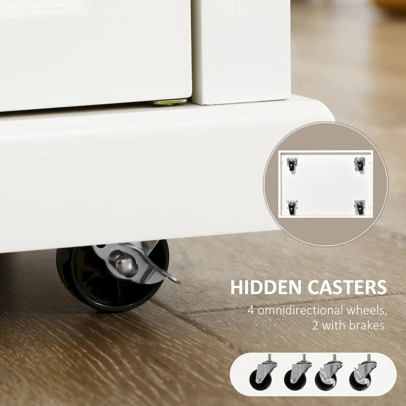 Compact Rolling Kitchen Island Cart with Drawer Cabinet Towel Racks Cream White
