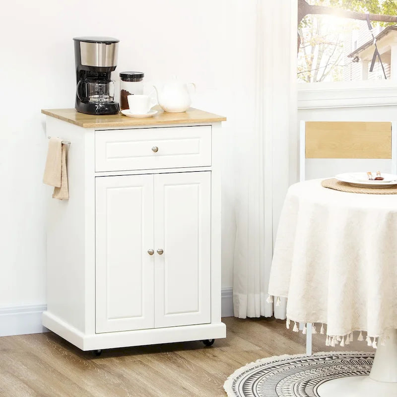 Compact Rolling Kitchen Island Cart with Drawer Cabinet Towel Racks Cream White