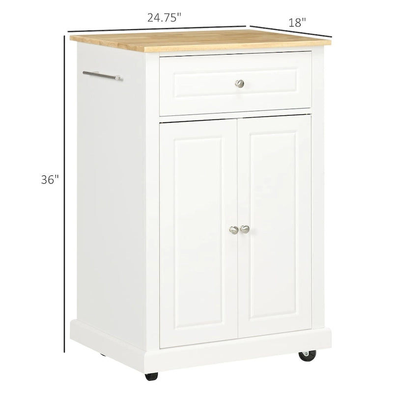 Compact Rolling Kitchen Island Cart with Drawer Cabinet Towel Racks Cream White